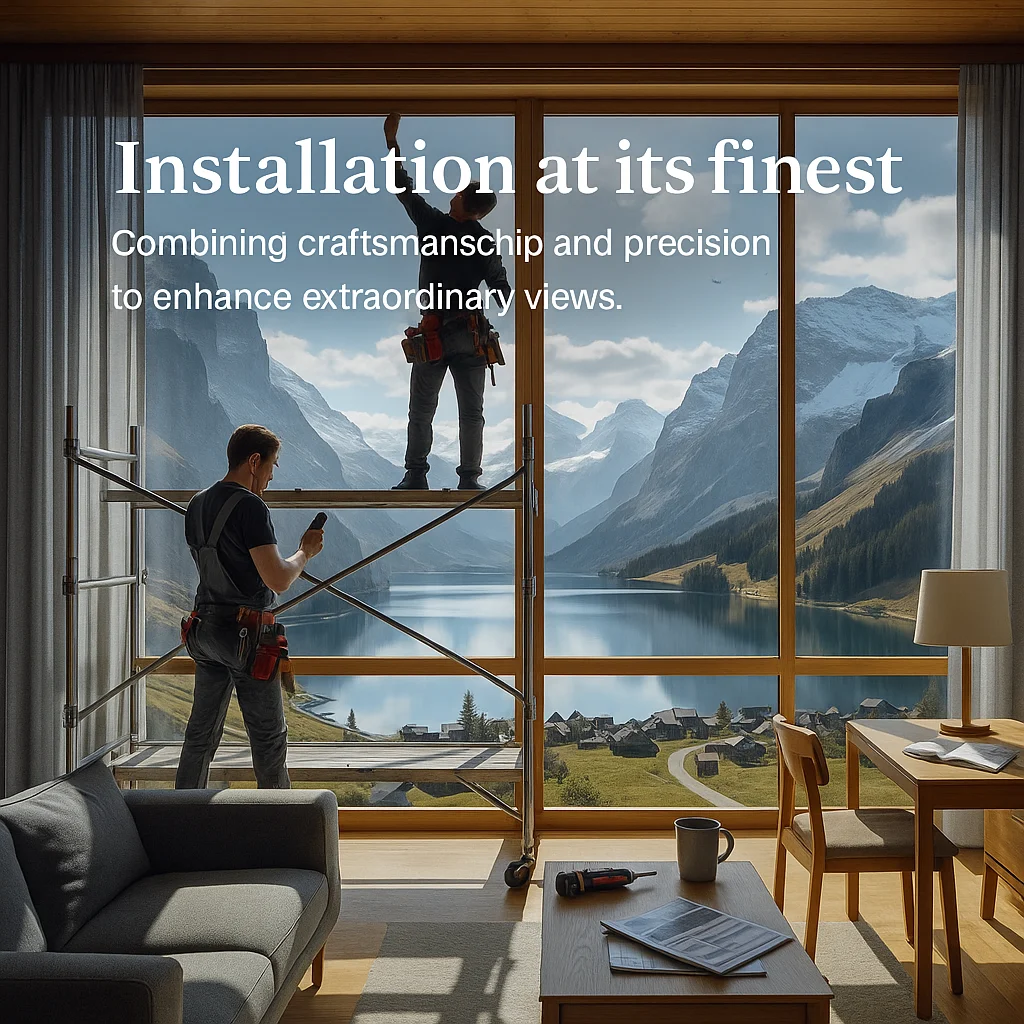 Window treatment technicians installing custom coverings on large floor-to-ceiling windows with a scenic mountain and lake view in the background