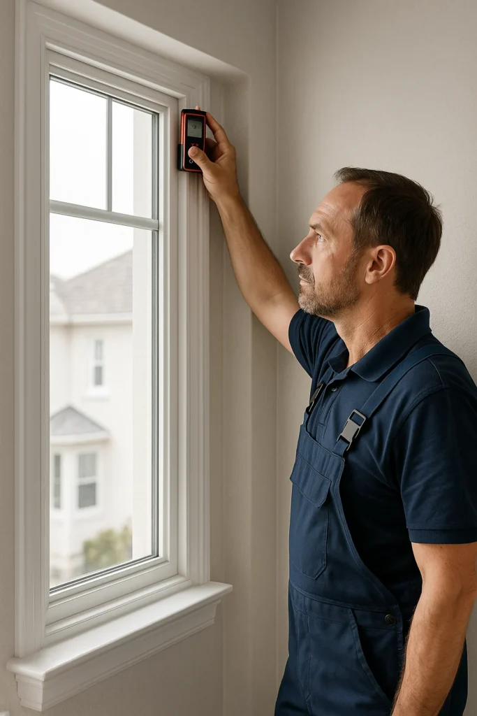 Technician measuring a window frame with a digital laser tool for custom blinds and shades installation